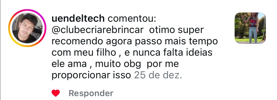 Print de comentário recomendando o Método Criar & Brincar para passar mais tempo de qualidade com os filhos